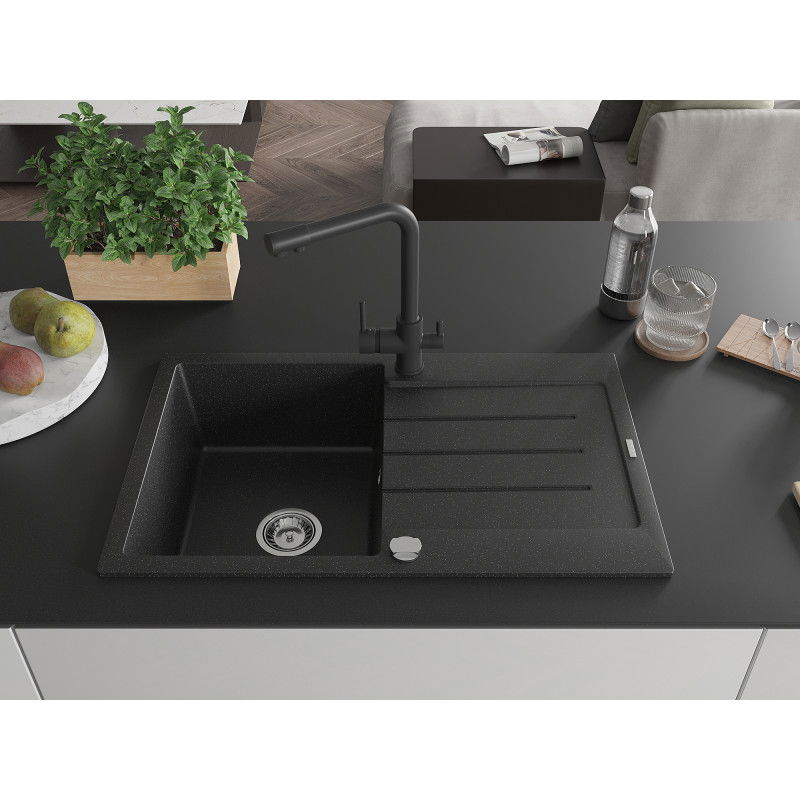 Mexen Bruno granite kitchen sink with 1 basin, drainer, and Duero kitchen tap, black/silver metallic - 6513-73-671600-70