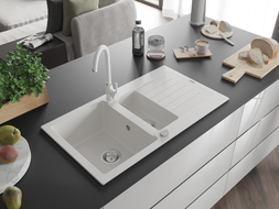 Mexen Matias 1.5-compartment granite sink with drainer and Telma kitchen faucet, white - 6502-20-670200-20