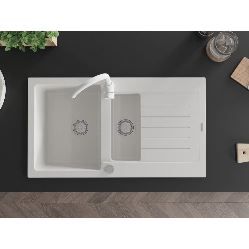 Mexen Matias 1.5-compartment granite sink with drainer and Telma kitchen faucet, white - 6502-20-670200-20