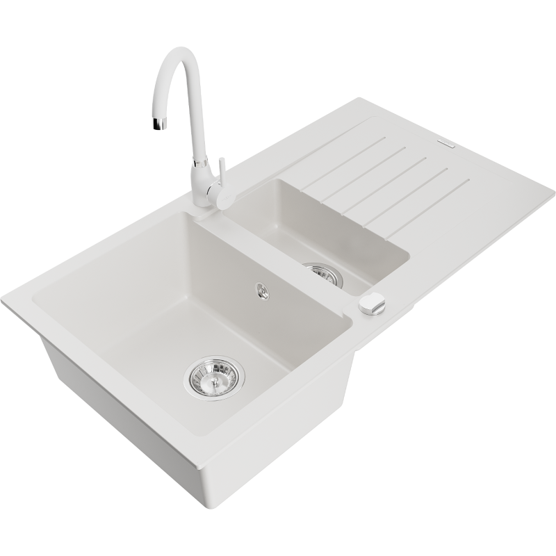 Mexen Matias 1.5-bowl granite sink with drainer and Telma kitchen tap, white - 6502-20-670200-20