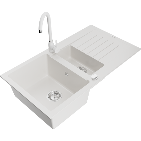 Mexen Matias 1.5-bowl granite sink with drainer and Telma kitchen tap, white - 6502-20-670200-20