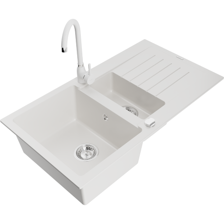 Mexen Matias 1.5-compartment granite sink with a drip tray and kitchen mixer tap Telma, White - 6502-20-670200-20