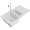 Mexen Matias 1.5-compartment granite sink with a drip tray and kitchen mixer tap Telma, White - 6502-20-670200-20