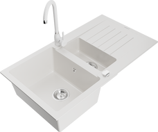 Mexen Matias 1.5-compartment granite sink with a drip tray and kitchen mixer tap Telma, White - 6502-20-670200-20