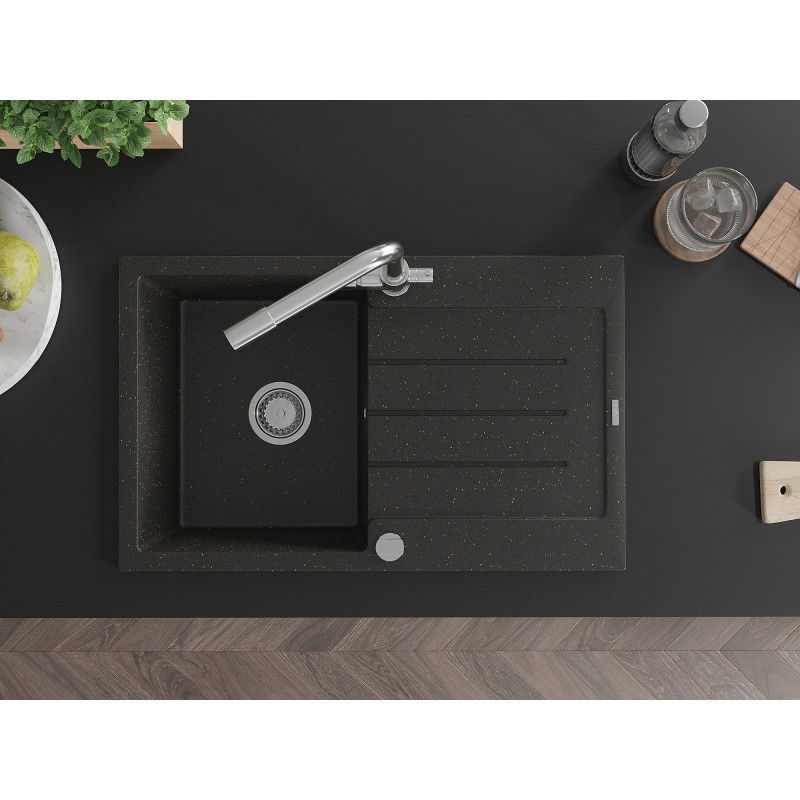 Mexen Bruno 1-Bowl Granite Kitchen Sink with Drainer and Duero Tap, Black/Gold Metallic - 6513-75-671600-00