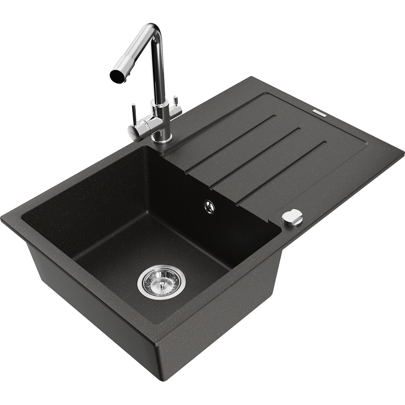 Mexen Bruno 1-compartment granite sink with a drip tray and kitchen mixer tap Duero, Black/Gold metallic - 6513-75-671600-00