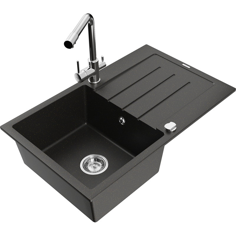 Mexen Bruno granite kitchen sink 1-compartment with drainer and Duero kitchen faucet, black/gold metallic - 6513-75-671600-00