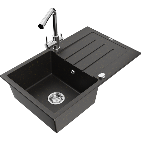 Mexen Bruno granite kitchen sink 1-bowl with drainer and Duero kitchen faucet, black/gold metallic - 6513-75-671600-00