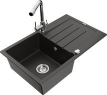 Mexen Bruno granite kitchen sink 1-compartment with drainer and Duero kitchen faucet, black/gold metallic - 6513-75-671600-00