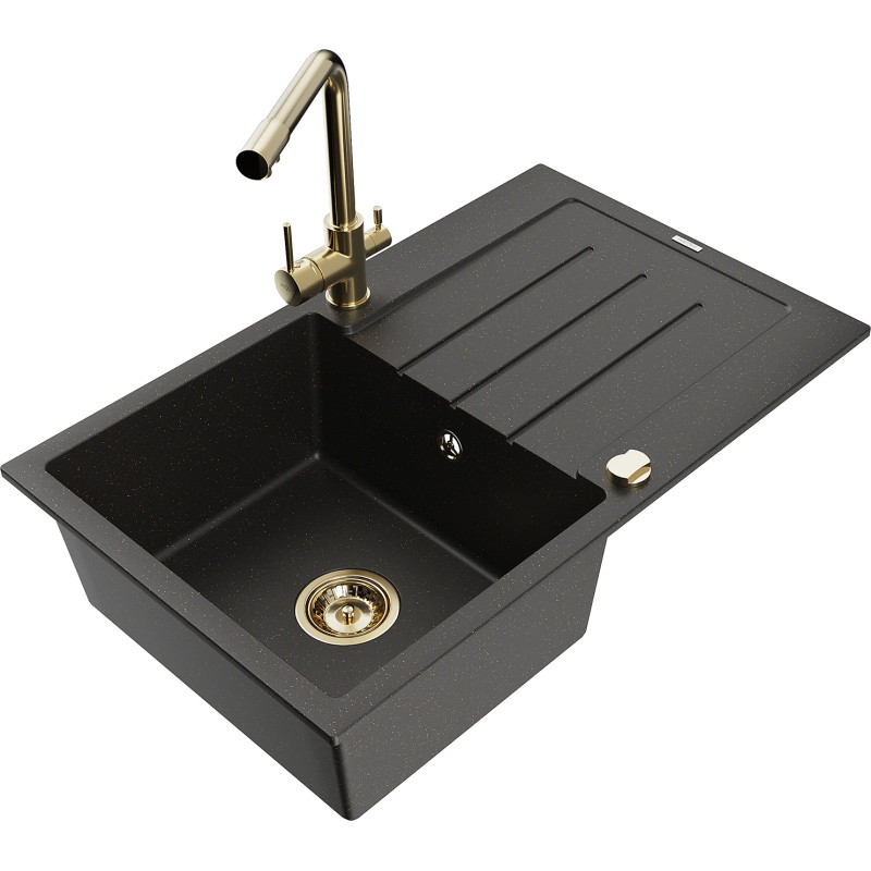 Mexen Bruno granite sink 1-bowl with drainer and Duero kitchen faucet, black/gold metallic - 6513-75-671600-50