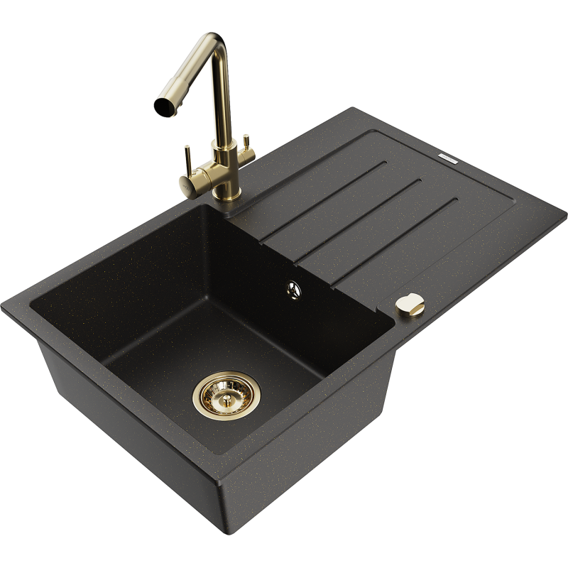Mexen Bruno granite sink 1-bowl with drainer and Duero kitchen tap, black/golden metallic - 6513-75-671600-50