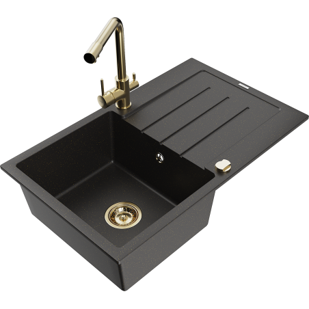 Mexen Bruno 1-bowl granite sink with drainer and Duero kitchen faucet, black/gold metallic - 6513-75-671600-50