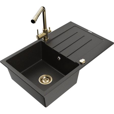 Mexen Bruno granite sink 1-bowl with drainer and Duero kitchen faucet, black/gold metallic - 6513-75-671600-50