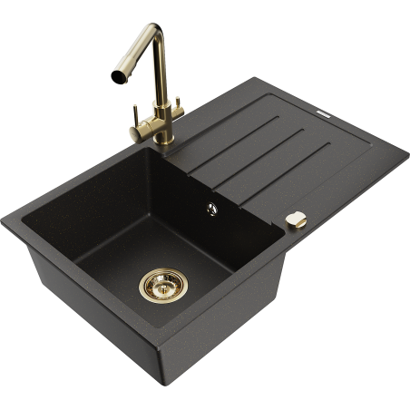 Mexen Bruno granite sink 1-bowl with drainer and Duero kitchen tap, black/golden metallic - 6513-75-671600-50