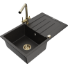 Mexen Bruno 1-bowl granite sink with drainer and Duero kitchen faucet, black/gold metallic - 6513-75-671600-50