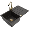Mexen Bruno granite sink 1-bowl with drainer and Duero kitchen faucet, black/gold metallic - 6513-75-671600-50