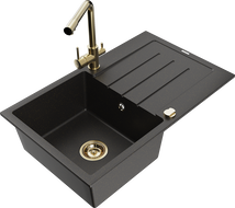 Mexen Bruno granite sink 1-bowl with drainer and Duero kitchen faucet, black/gold metallic - 6513-75-671600-50