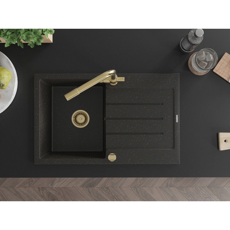 Mexen Bruno granite sink 1-bowl with drainer and Duero kitchen tap, black/golden metallic - 6513-75-671600-50
