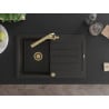 Mexen Bruno 1-bowl granite sink with drainer and Duero kitchen faucet, black/gold metallic - 6513-75-671600-50
