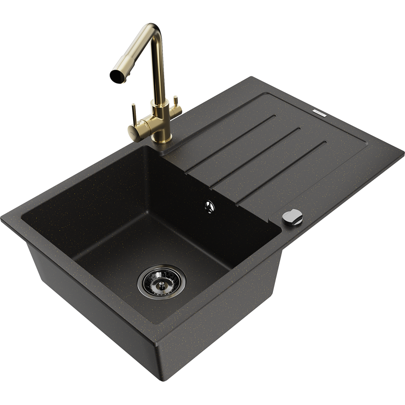 Mexen Bruno 1-compartment granite sink with a drip tray and kitchen mixer tap Duero, Black/Gold metallic - 6513-75-671600-50-B