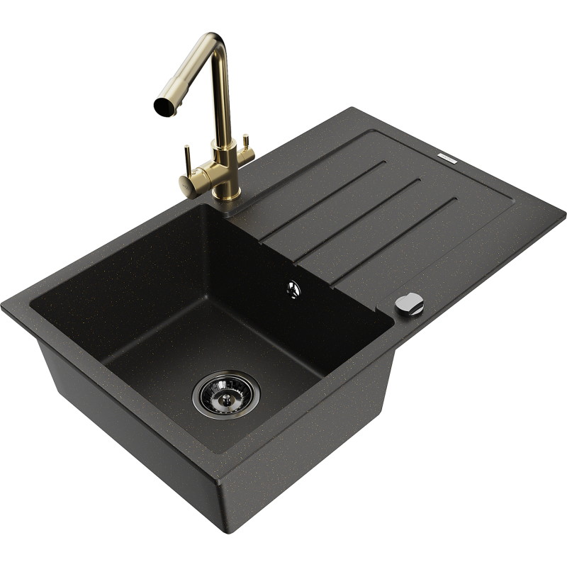 Mexen Bruno granite kitchen sink 1-bowl with drainer and kitchen faucet Duero, black/gold metallic - 6513-75-671600-50-B