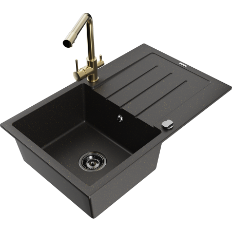 Mexen Bruno granite kitchen sink 1-bowl with drainer and kitchen faucet Duero, black/gold metallic - 6513-75-671600-50-B