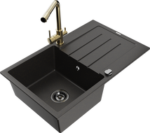 Mexen Bruno 1-bowl granite sink with drainer and Duero kitchen faucet, black/gold metallic - 6513-75-671600-50-B