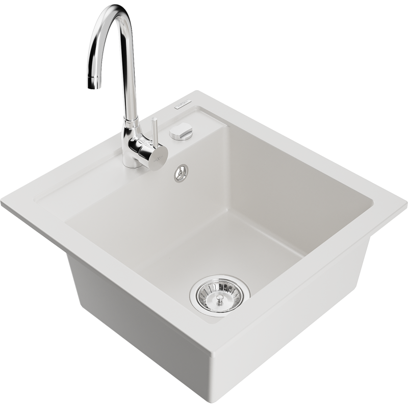 Mexen Vito 1-bowl granite kitchen sink with Telma kitchen faucet, white - 6503-20-670200-00