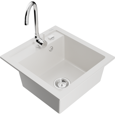 Mexen Vito 1-bowl granite kitchen sink with Telma kitchen faucet, white - 6503-20-670200-00