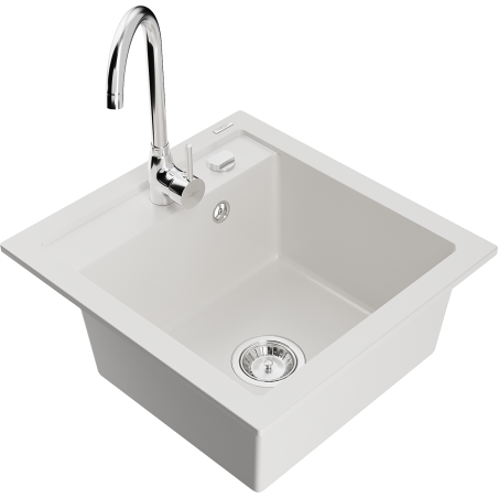 Mexen Vito granite sink 1-bowl with Telma kitchen tap, white - 6503-20-670200-00