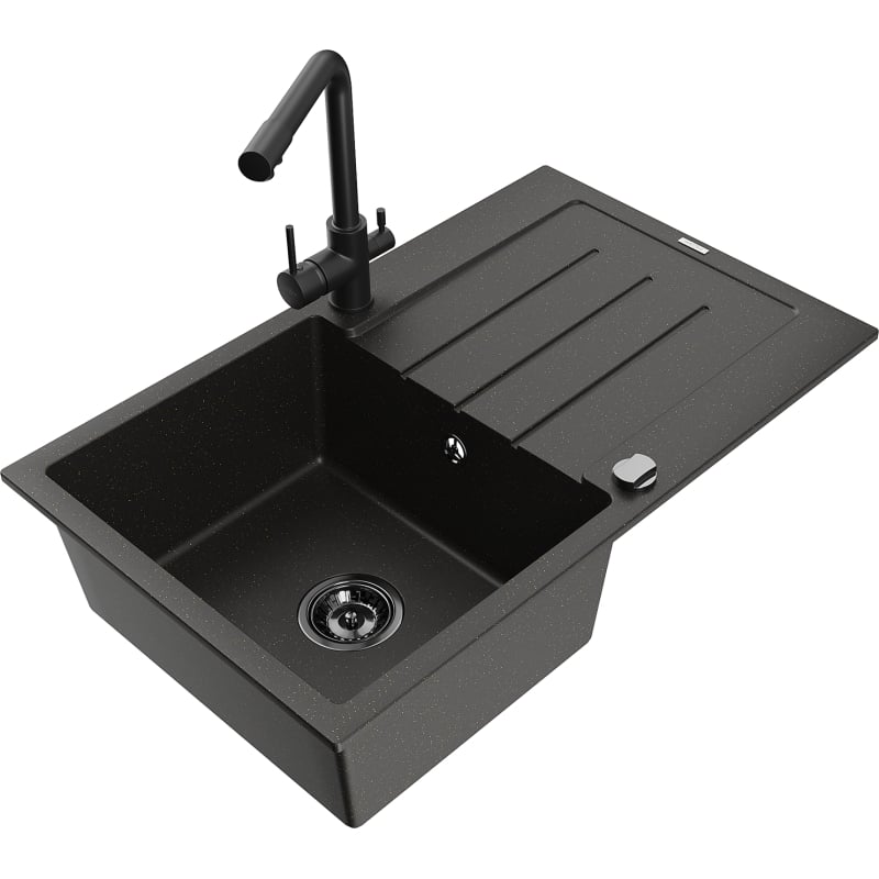 Mexen Bruno 1-bowl granite sink with drainer and Duero kitchen faucet, black/gold metallic - 6513-75-671600-70-B