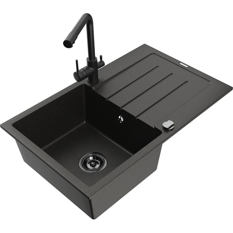 Mexen Bruno granite sink with 1 bowl, drainer, and kitchen faucet Duero, black/gold metallic - 6513-75-671600-70-B