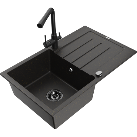 Mexen Bruno 1-bowl granite sink with drainer and Duero kitchen faucet, black/gold metallic - 6513-75-671600-70-B