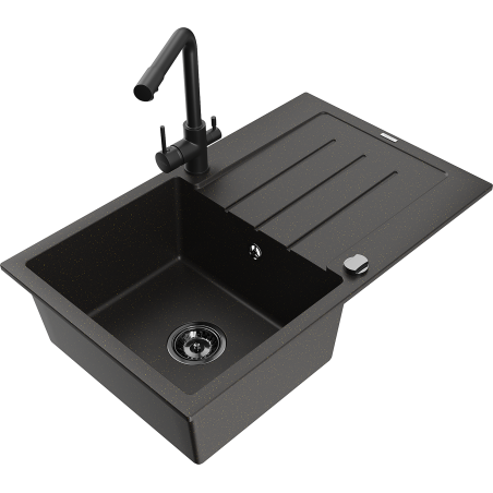 Mexen Bruno granite sink with 1 bowl, drainer, and kitchen faucet Duero, black/gold metallic - 6513-75-671600-70-B