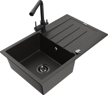 Mexen Bruno granite sink with 1 bowl, drainer, and kitchen faucet Duero, black/gold metallic - 6513-75-671600-70-B