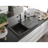 Mexen Bruno 1-bowl granite sink with drainer and Duero kitchen faucet, black/gold metallic - 6513-75-671600-70-B