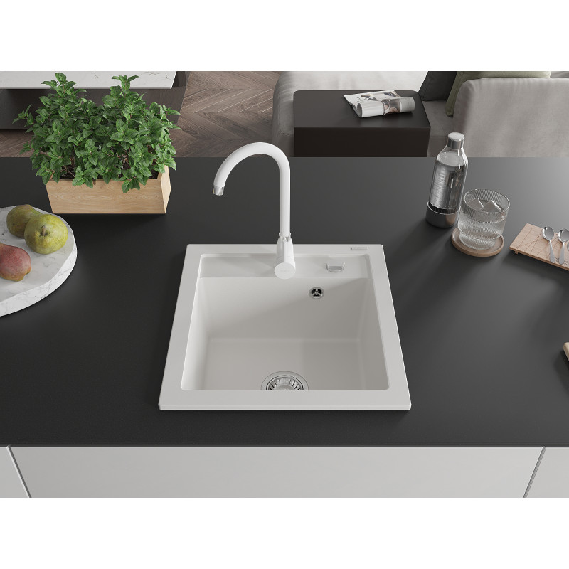 Mexen Vito granite kitchen sink 1-bowl with Telma kitchen faucet, white - 6503-20-670200-20