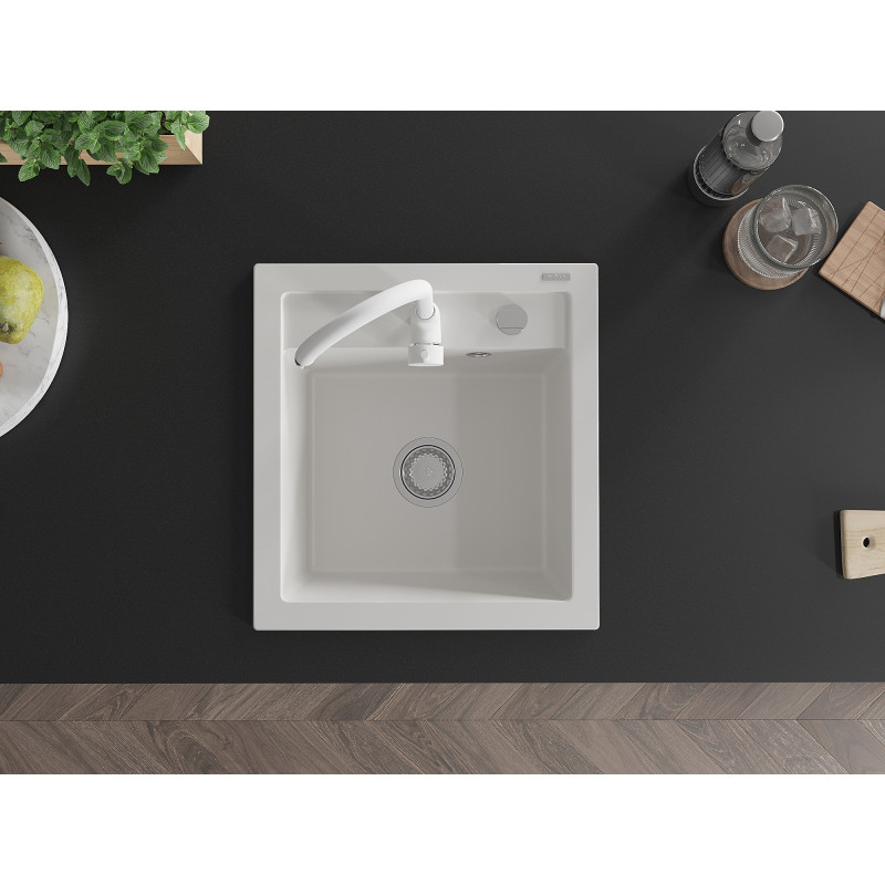 Mexen Vito granite kitchen sink 1-bowl with Telma kitchen faucet, white - 6503-20-670200-20