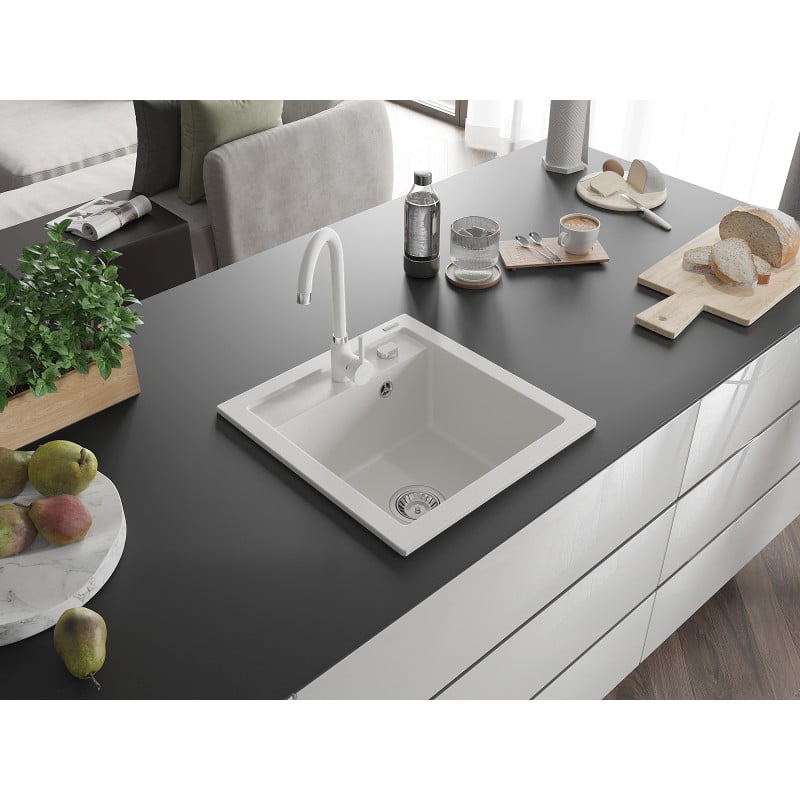 Mexen Vito 1-bowl granite sink with Telma kitchen tap, white - 6503-20-670200-20