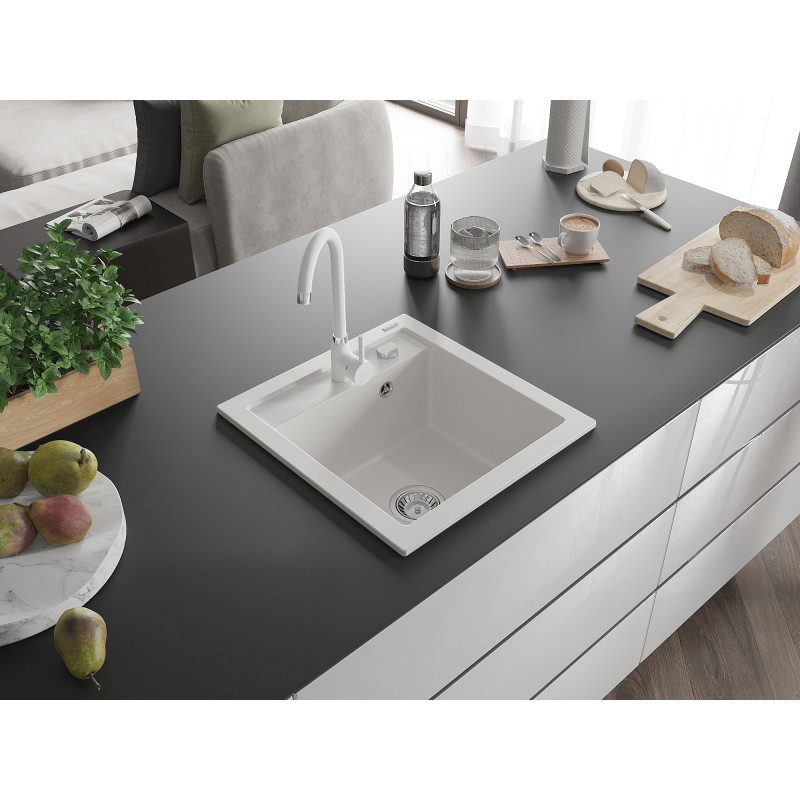 Mexen Vito granite kitchen sink 1-bowl with Telma kitchen faucet, white - 6503-20-670200-20