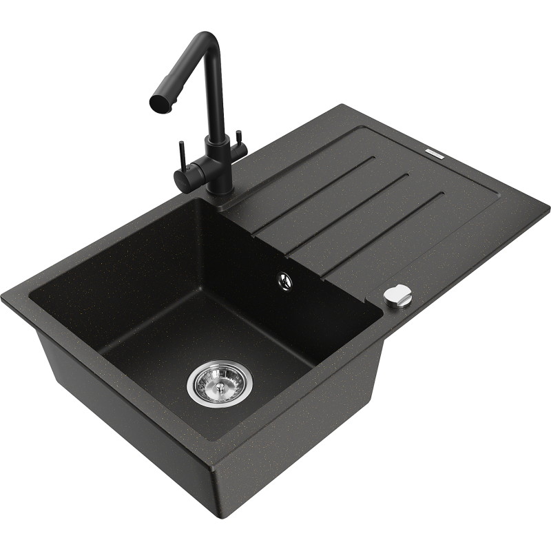 Mexen Bruno granite kitchen sink with 1 bowl, drainer, and kitchen mixer Duero, black/golden metallic - 6513-75-671600-70