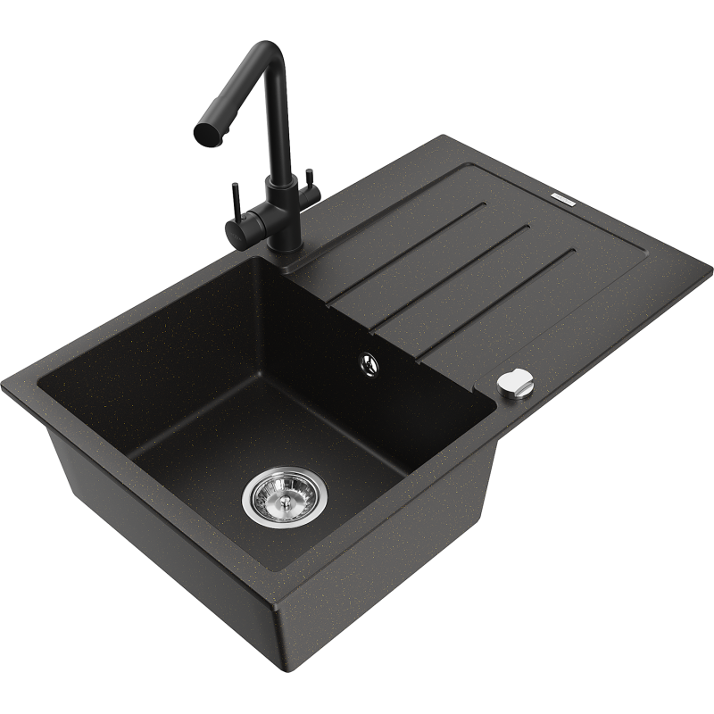 Mexen Bruno granite sink 1-bowl with drainer and Duero kitchen tap, black/gold metallic - 6513-75-671600-70