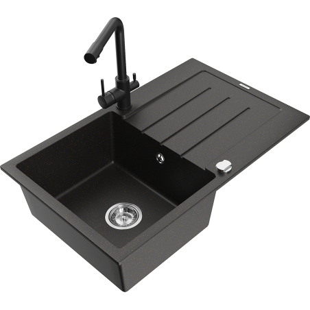 Mexen Bruno 1-compartment granite sink with a drip tray and kitchen mixer tap Duero, Black/Gold metallic - 6513-75-671600-70