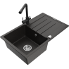 Mexen Bruno 1-bowl granite sink with drainer and Duero kitchen faucet, black/gold metallic - 6513-75-671600-70