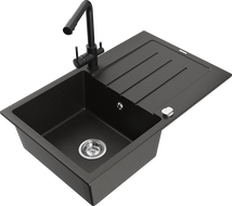 Mexen Bruno 1-compartment granite sink with a drip tray and kitchen mixer tap Duero, Black/Gold metallic - 6513-75-671600-70