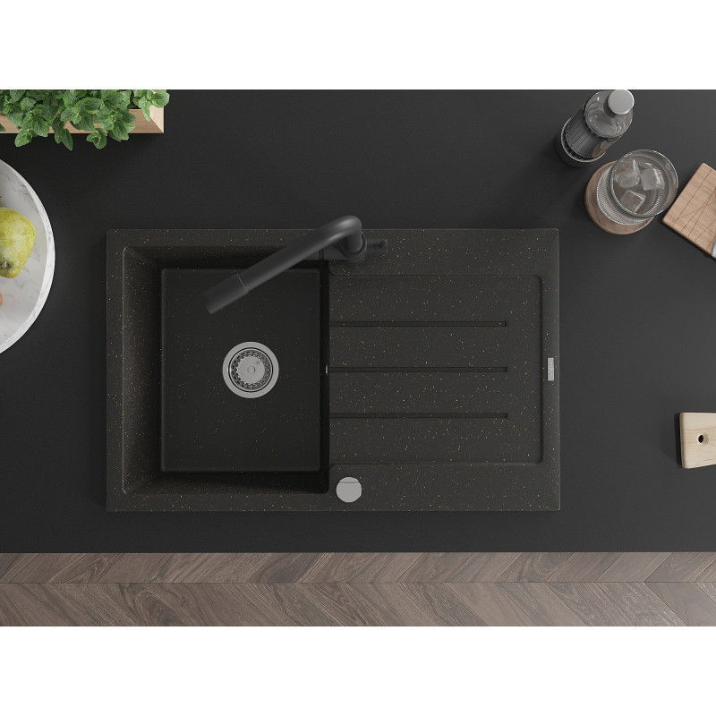 Mexen Bruno granite sink 1-bowl with drainer and Duero kitchen tap, black/gold metallic - 6513-75-671600-70