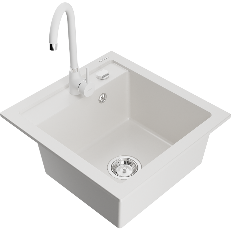 Mexen Vito 1-bowl granite sink with Telma kitchen tap, white - 6503-20-670200-20