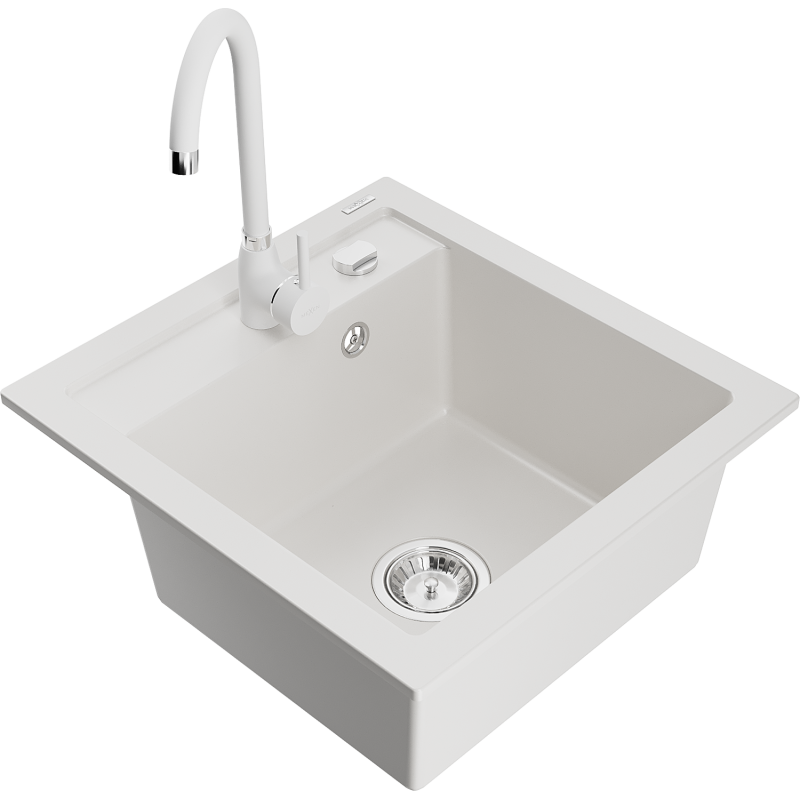 Mexen Vito granite kitchen sink 1-bowl with Telma kitchen faucet, white - 6503-20-670200-20