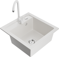 Mexen Vito granite kitchen sink 1-bowl with Telma kitchen faucet, white - 6503-20-670200-20