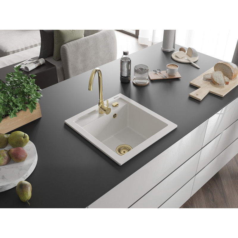Mexen Vito granite kitchen sink 1-bowl with Telma kitchen faucet, white - 6503-20-670200-50